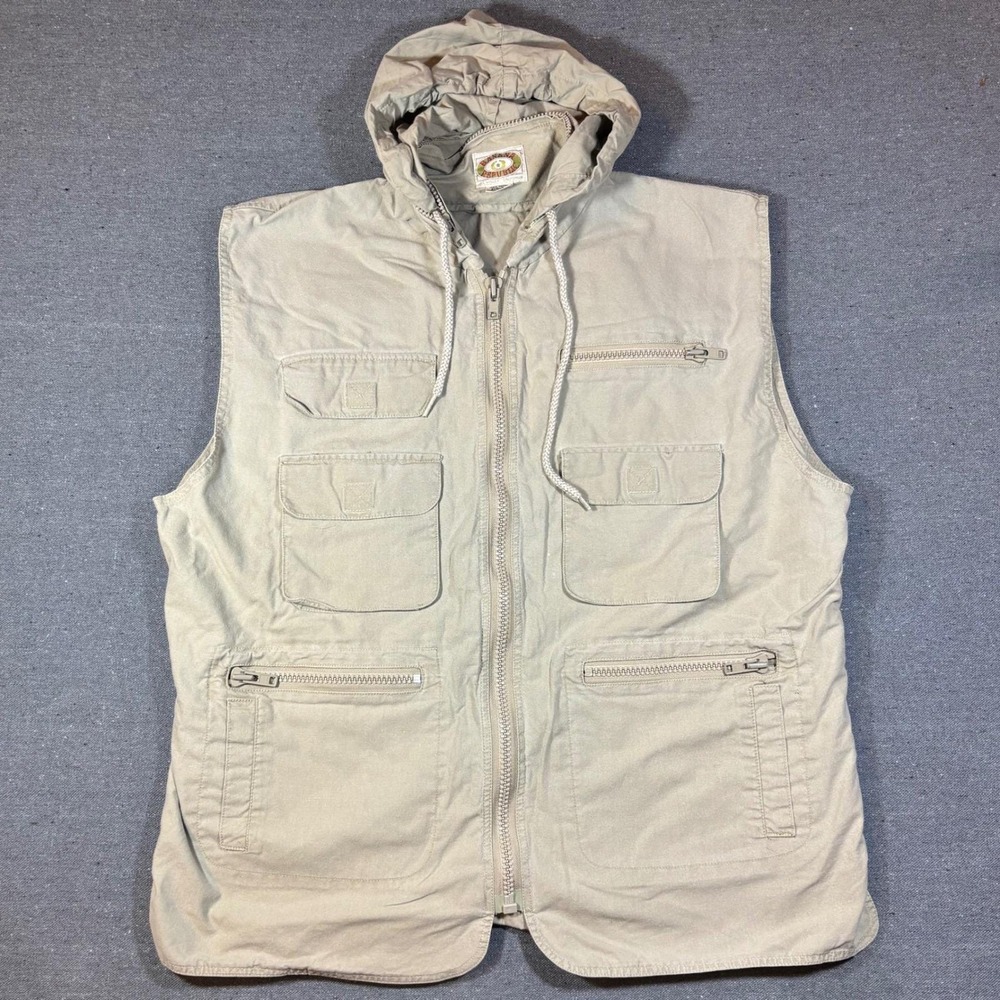Vintage Banana Republic Safari Vest Men XL Khaki Hooded Cotton Utility Gorpcore